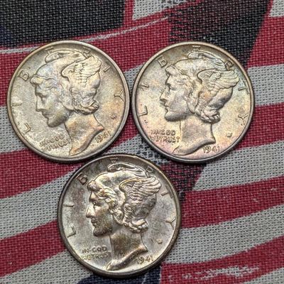 1941 P, D & S Mercury Dimes, 90% Silver