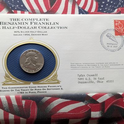 Sale Photo Thumbnail #218: 1954-D Franklin Half Dollar, 90% Silver in Treaty of Paris Philatelic-Numismatic Cover