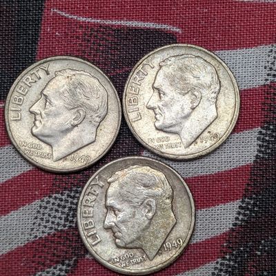Sale Photo Thumbnail #124: 1949 P, D & S Roosevelt Dimes, 90% Silver