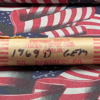 (50) 1969-D US Lincoln Memorial Cents in Original Federal Reserve Bank Roll - Uncirculated