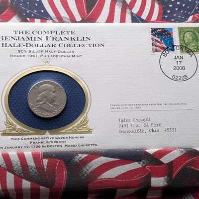 Sale Photo Thumbnail #326: 1961-P US Franklin Half Dollar, 90% Silver in Commemorative Philatelic-Numismatic Cover - Boston 2006 Postmark