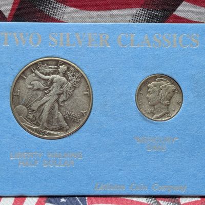 Sale Photo Thumbnail #224: 1944-P Mercury Dime & 1945-P Walking Liberty Half Dollar US 90% Silver Wartime Coins - In Littleton Coin Company Folder