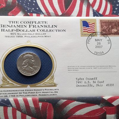 Sale Photo Thumbnail #290: 1959-P US Franklin Half Dollar, 90% Silver - Postal Commemorative Society Philatelic Cover