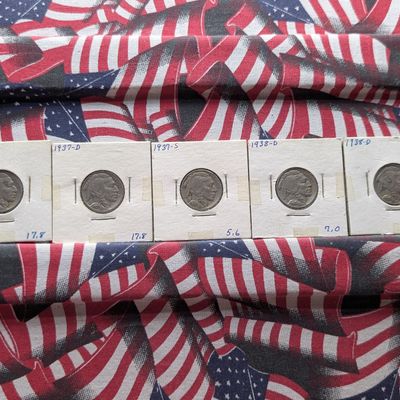 Sale Photo Thumbnail #149: (5) US Indian Head Buffalo Nickels - Includes (2) 1937-D, 1937-S, 1938-D and 1938-D Specimen with Numeric Counterstamp