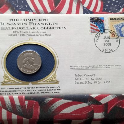 Sale Photo Thumbnail #227: 1955-P U.S. Franklin Half Dollar, 90% Silver - In Philatelic-Numismatic Cover Postmarked June 23, 2008