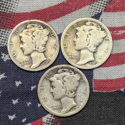 Sale Photo Thumbnail #358: 1919 P, D & S US Mercury Dimes, 90% Silver