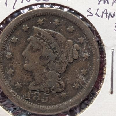 1855/56? Braided Hair Large Cent, Slanting 5 Variety