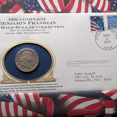 Sale Photo Thumbnail #299: 1960-P US Franklin Half Dollar, 90% Silver - Housed in Philatelic Commemorative Cover
