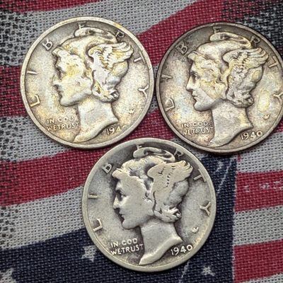 1940 P, D & S Mercury Dimes, 90% Silver