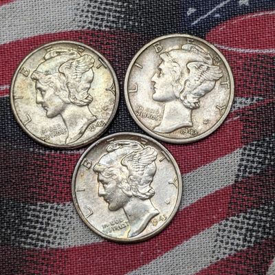 1943 P, D, & S Wartime Mercury Head Dimes, 90% Silver