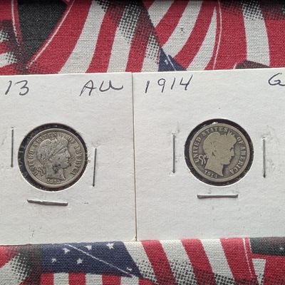 Sale Photo Thumbnail #395: 1913 and 1914 US Barber Dimes, 90% Silver