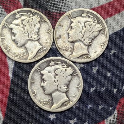 Sale Photo Thumbnail #439: 1935 P, D & S Mercury Dimes, 90% Silver