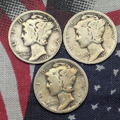 Sale Photo Thumbnail #385: 1924 P, D & S Mercury Dimes, 90% Silver