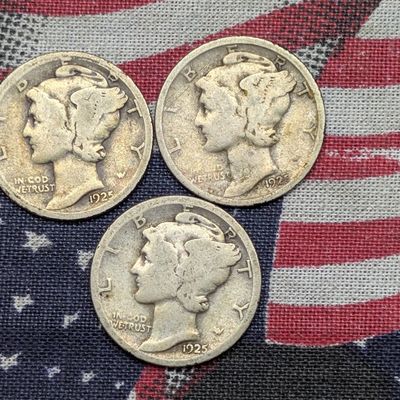 Sale Photo Thumbnail #394: 1925 P, D & S Mercury Dimes, 90% Silver