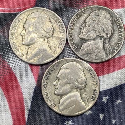 1945 P, D & S Wartime Jefferson Nickels, Each 35% Silver