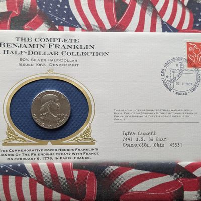 Sale Photo Thumbnail #362: 1963-D US Franklin Half Dollar, 90% Silver - Commemorative Philatelic Cover with 2007 Paris Postmark