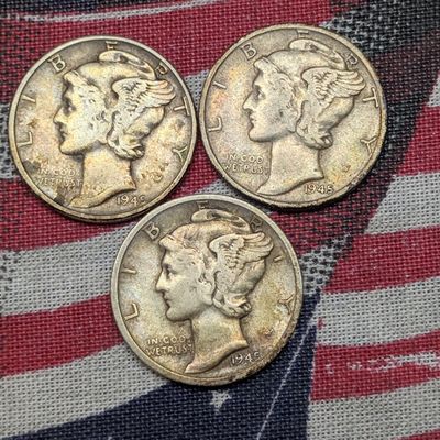 1945 P, D & S Wartime Mercury Dimes, 90% Silver