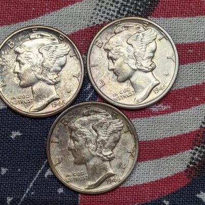 1944 P, D & S Wartime US Mercury Dimes, 90% Silver