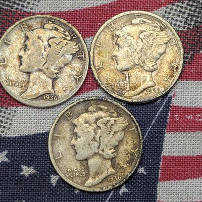 1936 P, D & S Mercury Dimes, 90% Silver