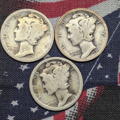 Sale Photo Thumbnail #349: 1918 P, D & S Mercury Dimes, 90% Silver