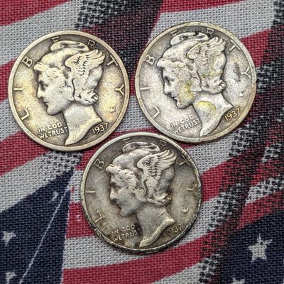 1937 P, D & S Mercury Dimes, 90% Silver