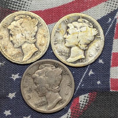 Sale Photo Thumbnail #340: 1917 P, D & S Mercury Dimes, 90% Silver