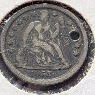Sale Photo Thumbnail #296: 1856 US Seated Liberty Dime, 90% Silver - Holed