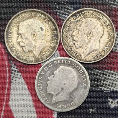 Sale Photo Thumbnail #126: 1914, 1917, and 1918 United Kingdom Three Pence, .925 Silver - 1.41 Grams Each