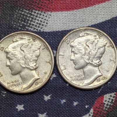 Sale Photo Thumbnail #250: 1941-P & 1942-P Wartime Mercury Silver Dimes, 90% Silver
