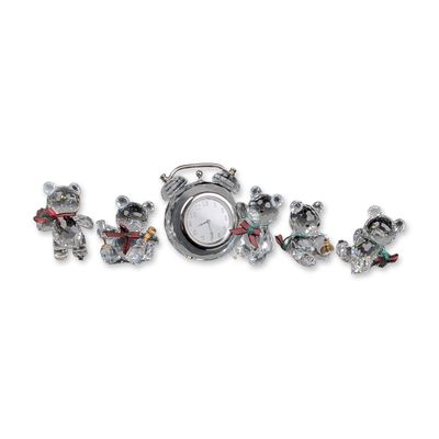 6pc Swarovski Crystal Kris Bear Figurines and Table Clock
