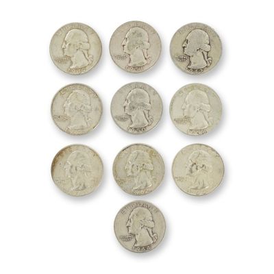 10pc Collection of US Silver Washington Quarters, 1942-1964