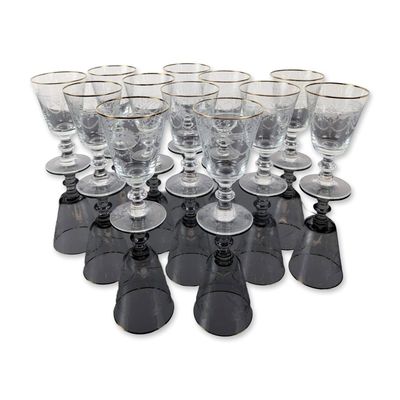 12pc Murano Hand Blown Gilt and Etched Wine Glasses