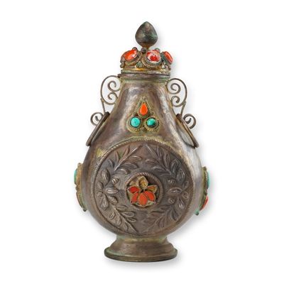 Mongolian Silver Repousse Snuff Bottle, Flowers and Leaves