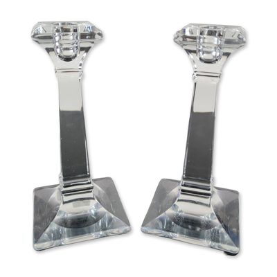 Pair of Vintage Glass Column Candlesticks, Attributed to Heisey, Aristocrat Pattern