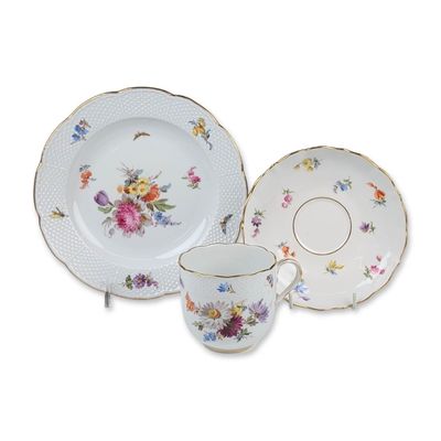 3pc Meissen German Flowers Porcelain Tea Trio