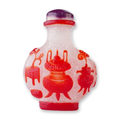 Peking Glass Overlay Snuff Bottle, Red Incense Burners