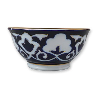 Tashkent Uzbek Porcelain Blue and Gilt Pahta-Motif Bowl