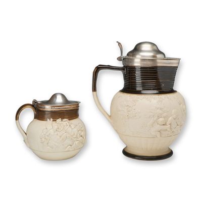 2pc Adams Stoneware Pitchers with Silver-Plated Tops