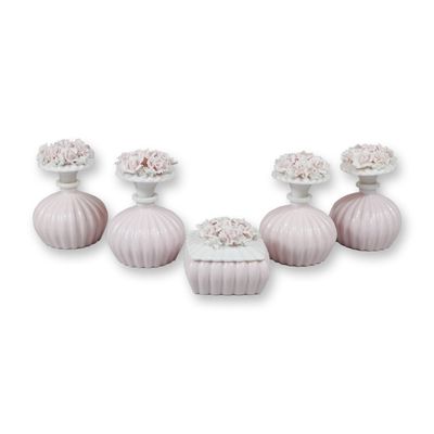 5pc Pink and White Floral Porcelain Vanity Set including Perfume Bottles and a Trinket Box