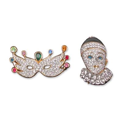 2pc Swarovski Crystal Masquerade Mask and Pierrot Brooches