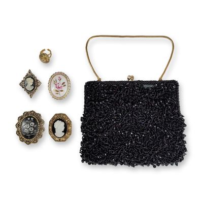 6pc Vintage Beaded Evening Bag and Five Cameo Jewelry Pieces