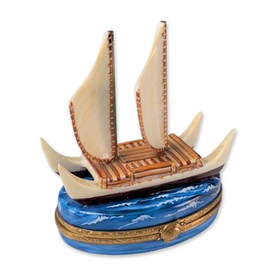 Limoges Peint Main Porcelain Outrigger Ship Trinket Box
