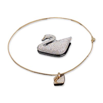 2pc Swarovski Crystal Swan Brooch and Pendant Necklace