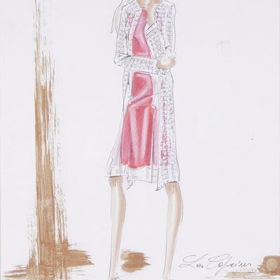 Les Copains Framed Fashion Illustration, Watercolor and Mixed Media, Signed