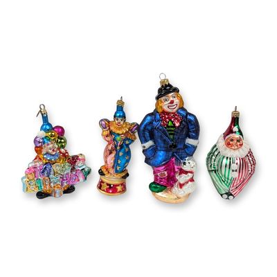 4pc Christopher Radko Hand-Painted Glass Clown Ornaments