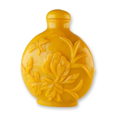 Peking Glass Snuff Bottle, Yellow, Carved Flowers and Butterfly