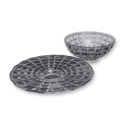 A Set of Two Crystal Glass Cut Block Pattern Serving Bowl & Plate