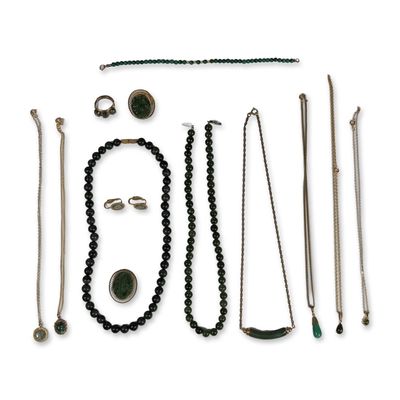 14pc Vintage Green Stone Jewelry Collection