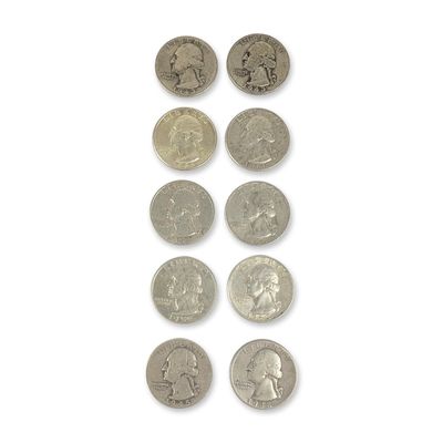 Ten US 90% Silver Washington Quarter Dollars