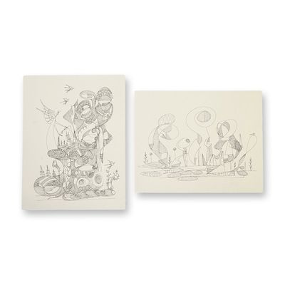 2pc Alfonso Rendon aka Masplata (Panamanian, 1957 - 2025), Pen on Board, Angels and Forms